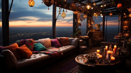 A cozy living room with a beautiful view of the city at night
