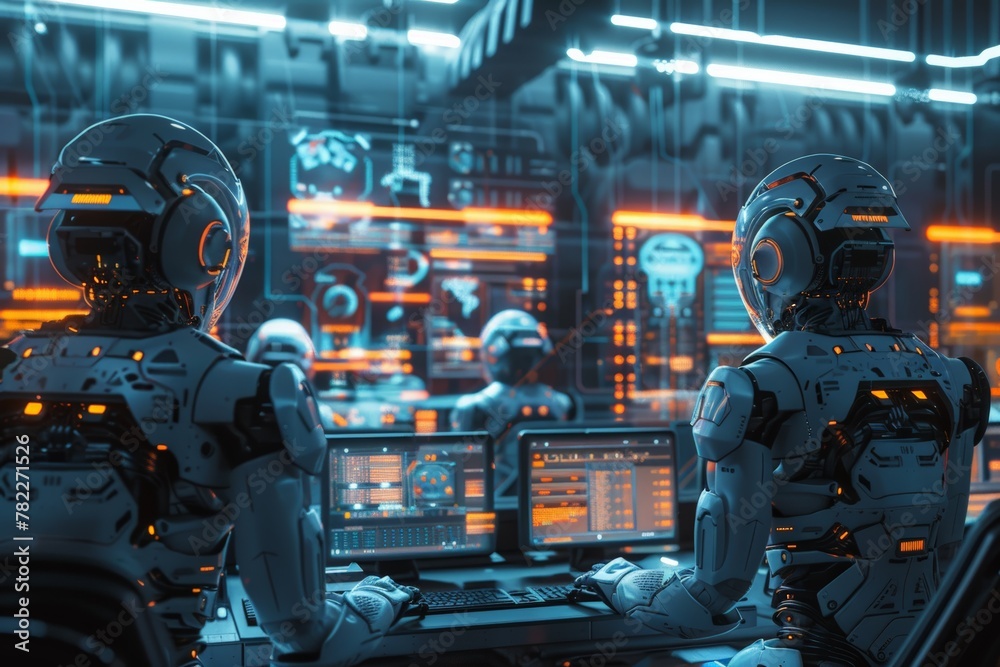 Poster narrative scene where robots with advanced ai capabilities work alongside humans in a command center