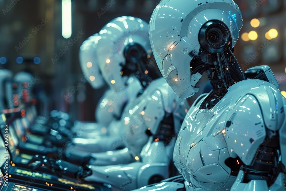Poster narrative scene where robots with advanced ai capabilities work alongside humans in a command center