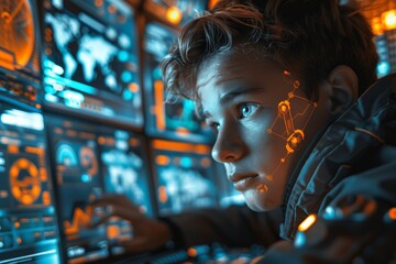 Narrative scene where robots with advanced AI capabilities work alongside humans in a command center, Young boy with augmented reality projections on face, engrossed in complex computer interfaces. - obrazy, fototapety, plakaty