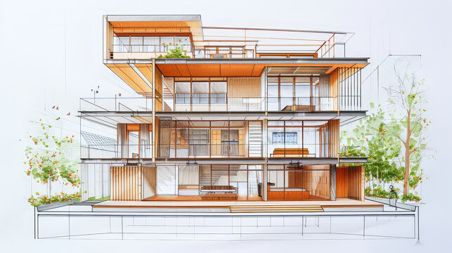 Perspective sketch illustration drawing of architectural concept. Full colorful abstract presentation of architecture project for communication design. AI Generative.