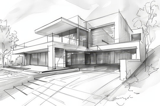 Perspective sketch illustration drawing of architectural concept. Full colorful abstract presentation of architecture project for communication design. AI Generative.