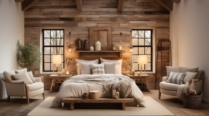 A cozy rustic master bedroom with wood-paneled walls and a comfortable bed