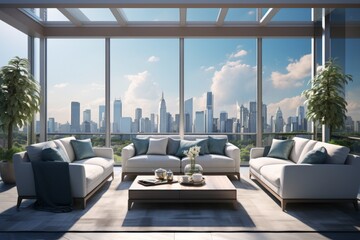 A modern living room with a view of the city