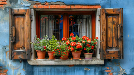 Fototapeta na wymiar Antique wooden window with shutters on facade of old house with blooming flowers in pots. Painted brick wall with partially collapsed plaster. Picturesque view. Atmosphere of calm. Copy space.