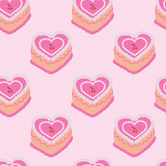 Seamless pattern with heart shaped cakes. The illustration is hand drawn.