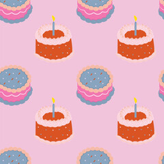 Seamless pattern with hand drawn cakes. Concept of birthday, party, holiday.