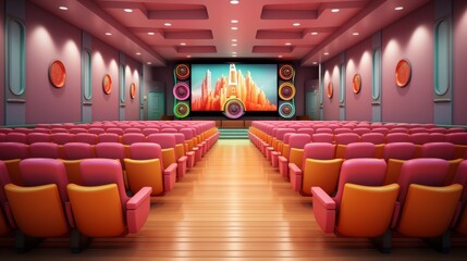 A retro cinema with pink and orange seats and a large screen