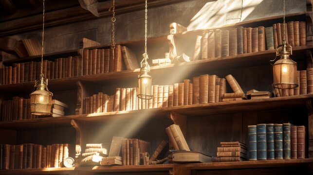Vintage library interior with wooden shelves, old books and bright light shining through the window