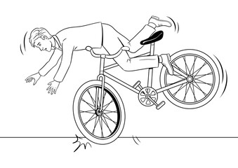 Obraz premium Man is falling off bicycle coloring PNG illustration. Isolated image on white background. Comic book style imitation.