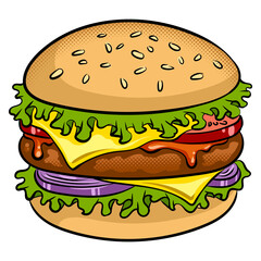 Burger sandwich pop art retro PNG illustration. Isolated image on white background. Comic book style imitation.