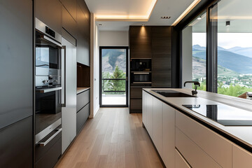 Minimalist Kitchen: White and Black Cabinets, Wood Floor, Stainless Steel Appliances, Mountain View Window