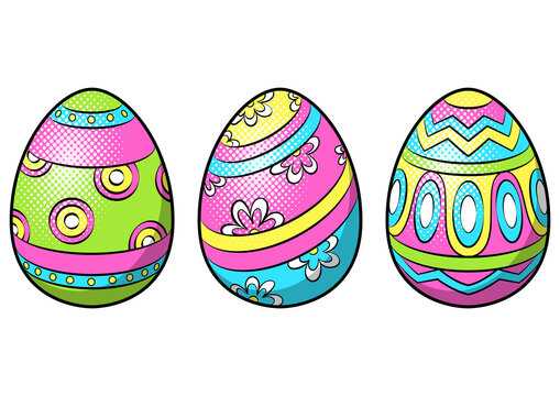 Easter decorated egg pop art retro PNG illustration. Isolated image on white background. Comic book style imitation.