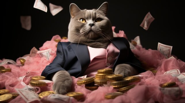 A gray cat wearing a suit and pink shirt sits on a pile of money