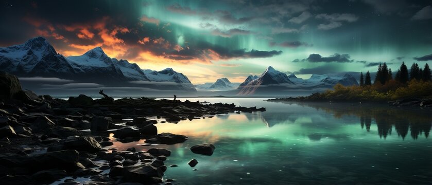 Aurora borealis landscape with mountains, rocks, and a lake