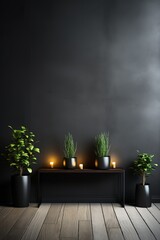 Black wall with plants and candles - obrazy, fototapety, plakaty
