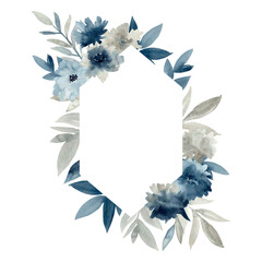 Floral indigo illustration. Vector watercolor botanic frame for wedding or greeting card. - 782272912