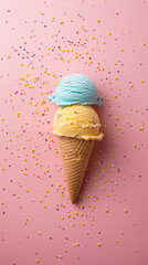 Ice cream cone with blue and yellow scoop on pink background with colorful sprinkles