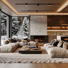 Modern Minimalist Living Room Interior Design With Fireplace And Large Windows