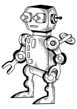 Mechanical toy robot engraving PNG illustration. Scratch board style imitation. Black and white drawn image.