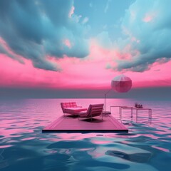 Pink surreal seascape with floating furniture - obrazy, fototapety, plakaty