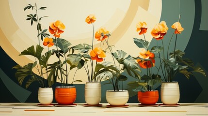 A variety of potted orange flowers and green leaves