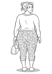 Fat girl in leopard leggings coloring retro PNG illustration. Color background. Comic book style imitation.