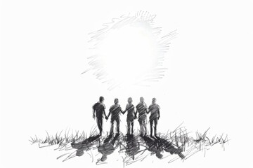Illustration of people holding hands and standing in front, with the sun shining above them The background is white Sketch style on paper Generative AI