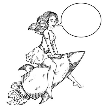 recommend clip art: Young beauty sexy woman fly on rocket engraving PNG illustration. Text bubble. Scratch board style imitation. Black and white hand drawn image.