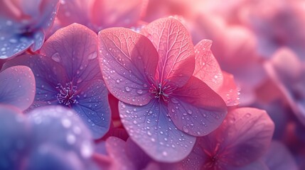 Close-up of purple hydrangea flowers with water droplets - obrazy, fototapety, plakaty