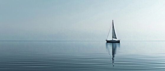 Sailboat peacefully floating on water with soft blue tones, symbolizing tranquility and solitude in nature. - obrazy, fototapety, plakaty