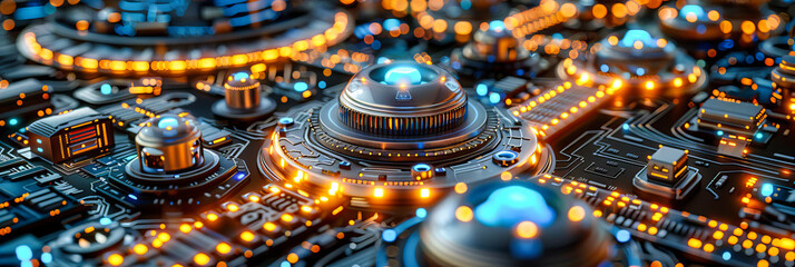 Fototapeta premium Quantum Computing Processor Network, Digital and Electronic Technology Concept, Blue Circuit Design