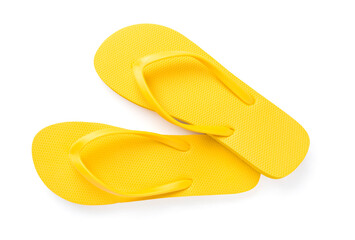 Bright yellow flip-flops isolated on white, top view