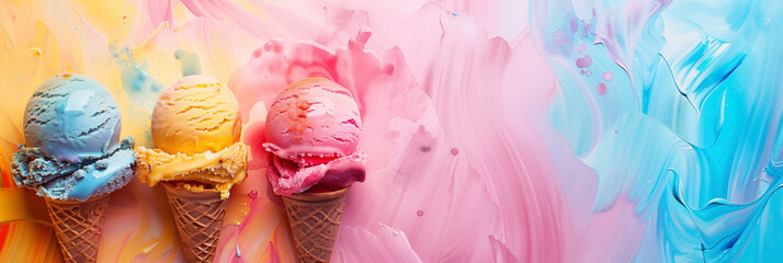 Three colorful ice cream cones against vibrant abstract painted background in pink, yellow and blue tones banner. Panoramic web header. Wide screen wallpaper