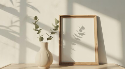 Mockup of an empty poster frame in a white wall living room with a wooden sideboard with small green plants
