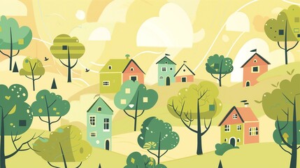Fototapeta premium Village in countryside, cartoon backdrop land green color plant