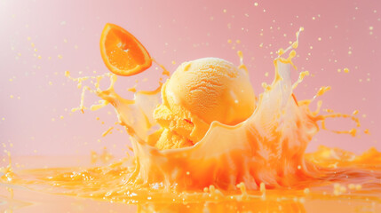 orange ice cream, adorned with a small slice of orange, making a splash on a pink background.