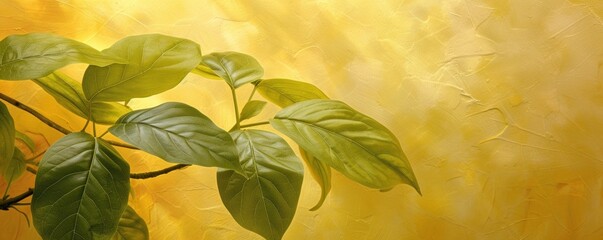 Green plant leaves against a textured yellow background
