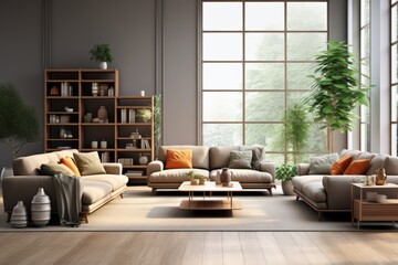 Airy and bright living room with large windows and plants - obrazy, fototapety, plakaty