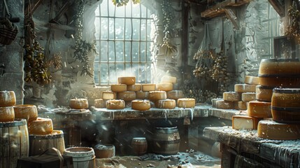 Artisanal cheese making process, captured in a digital painting that highlights the creamy textures and rustic environment - obrazy, fototapety, plakaty