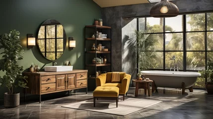 Foto op Plexiglas Bathroom interior with a large bathtub, a yellow armchair, and a green wall © Adobe Contributor
