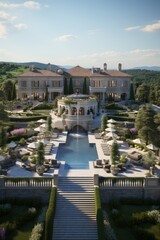 Fototapeta na wymiar A luxurious mansion with a pool and a beautiful garden