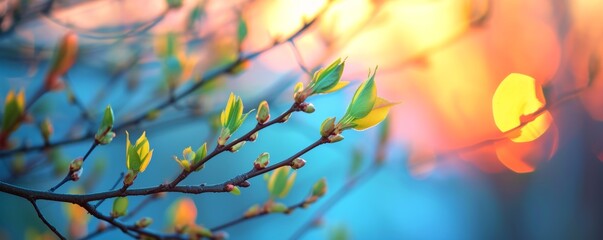 Springtime buds opening on a tree branch at sunset - obrazy, fototapety, plakaty