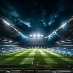 An empty soccer stadium at night with the lights on