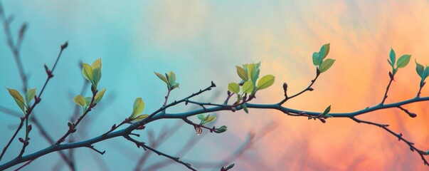 Branch with fresh spring leaves against colorful sky