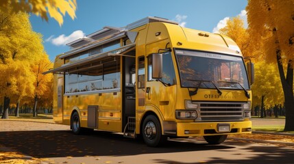 Obraz premium Yellow bus with solar panels on the roof parked in a park with yellow trees