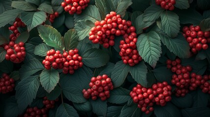 Clusters of red berries among green leaves