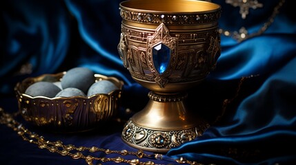 ornate golden chalice and decorated eggs on blue silk