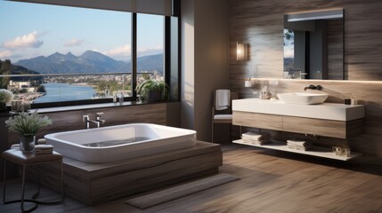 Luxury bathroom with a view of the mountains and lake - obrazy, fototapety, plakaty