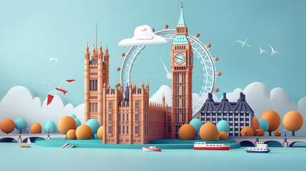 3d illustrator vector of Big Ben tower, Westminster palace, London Eye ferris wheel with cruise transportation on river thames in city of London, England - obrazy, fototapety, plakaty